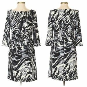 Jessica Howard Womens Sheath Dress 6 Petite B&W Animal Print Knee Boat Neckline
